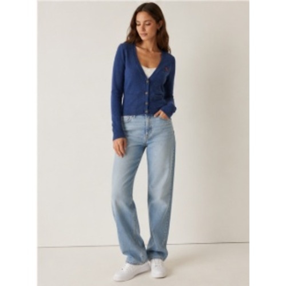 Abercrombie & Fitch Women Cardigan Medium, Blue Knit Button-Up cotton blend